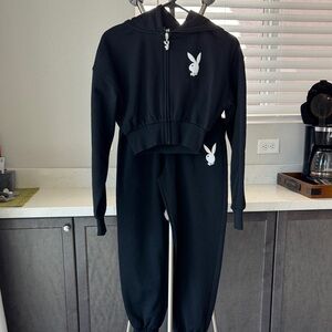 PLAYBOY Black Hoodie and Jogger Set with White Bunny Logos